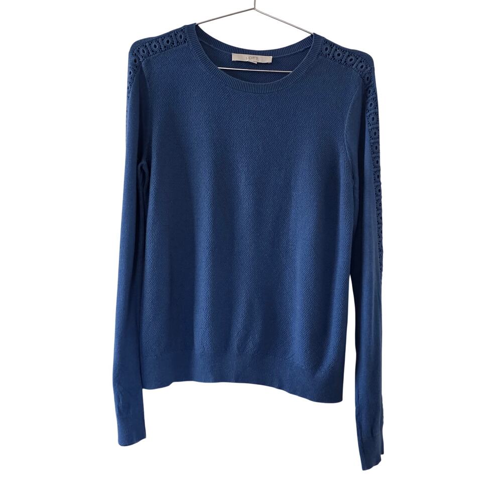 LOFT Blue Silk Blend Crochet Lace Trim Long Sleeve Sweater Woman Size Medium